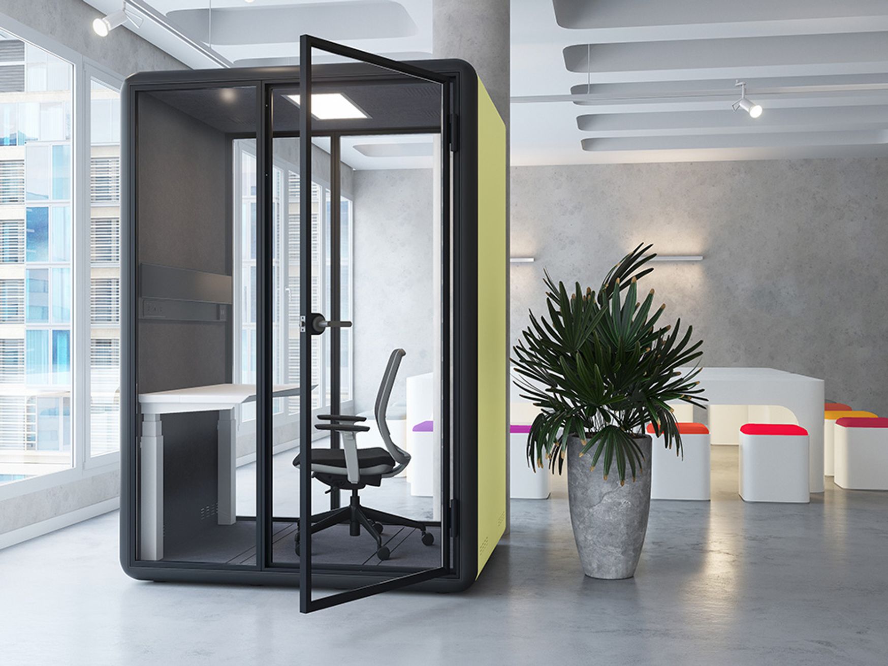 A self-contained individual work space booth with a high dB rating