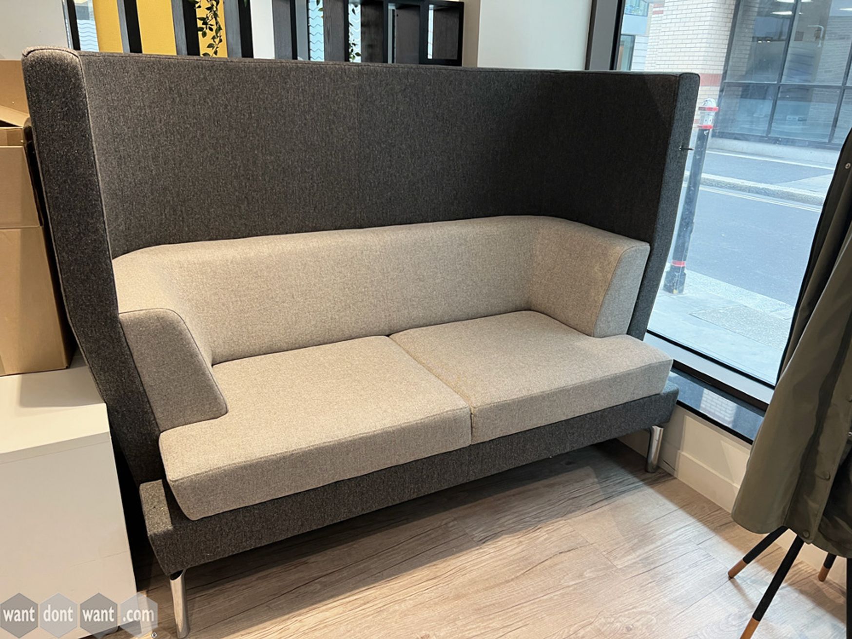 Used Boss Design 'Entente' collaborative meeting booth. Photo shows just one half. The unit being sold of comprises two sofas, a central table and linking screen. Priced for complete unit.