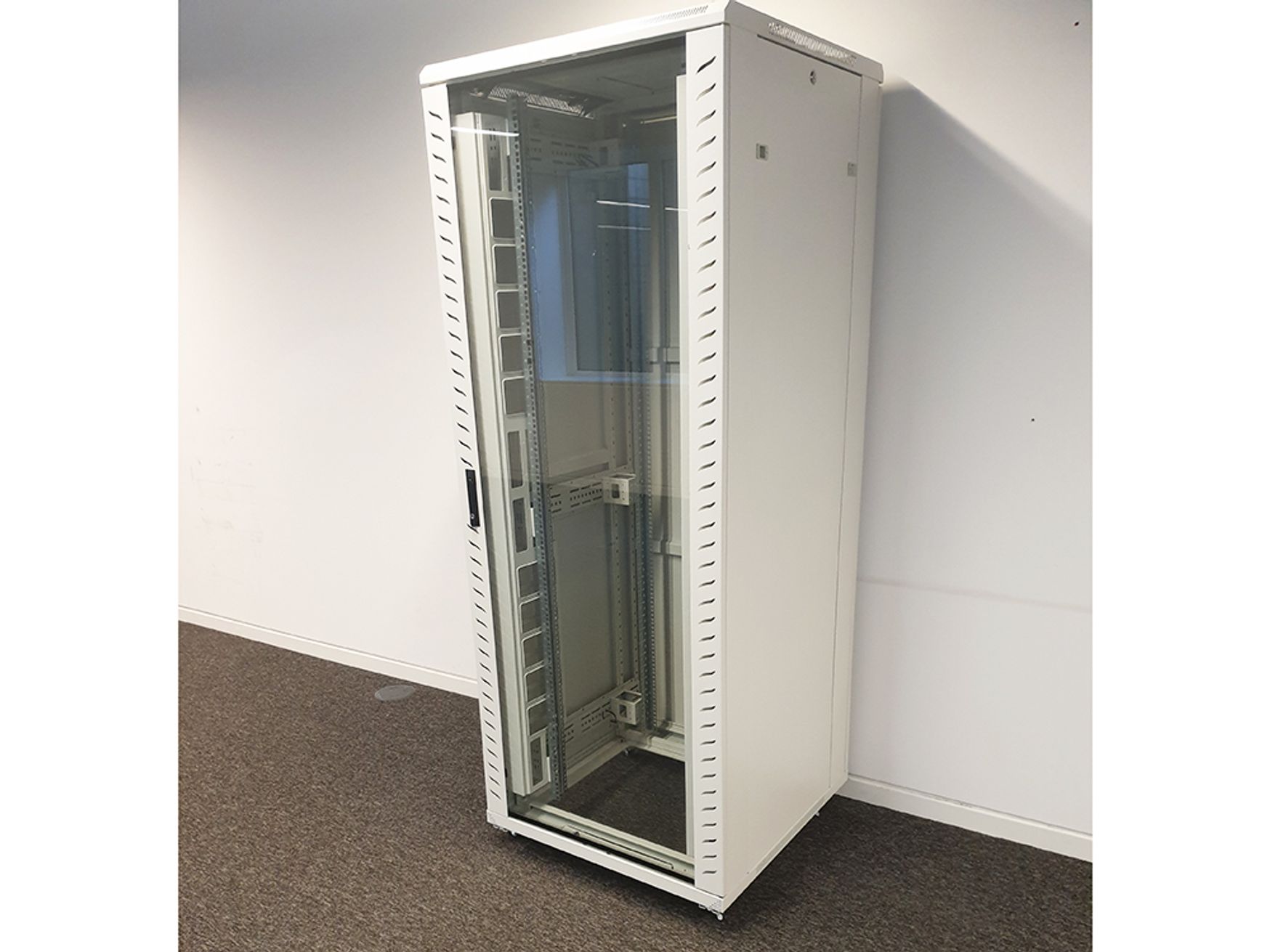 Used White Server Cabinet With Glass Door And Removable Panels