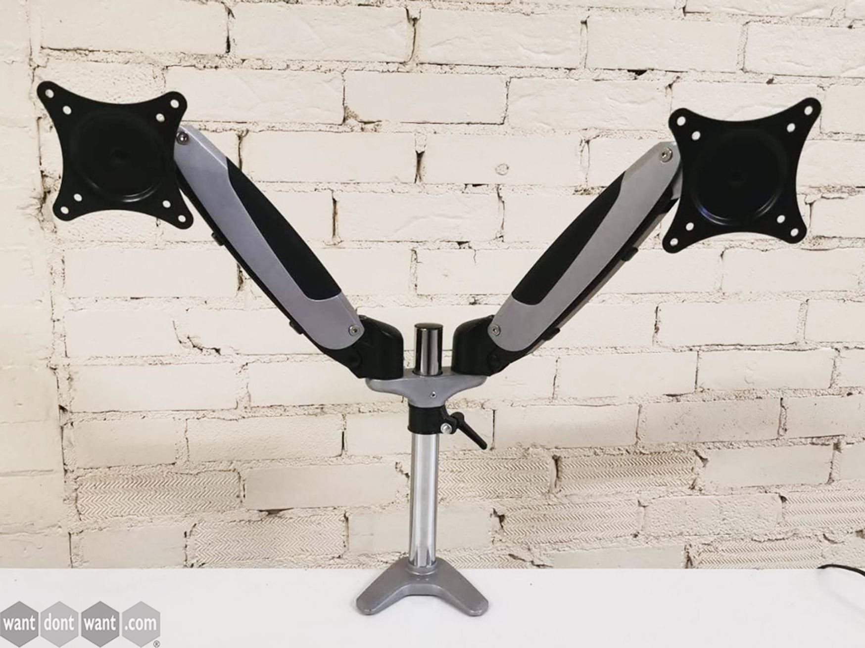 Used Gas Adjustable Twin Monitor Arms with VESA Plates and Desk Clamp