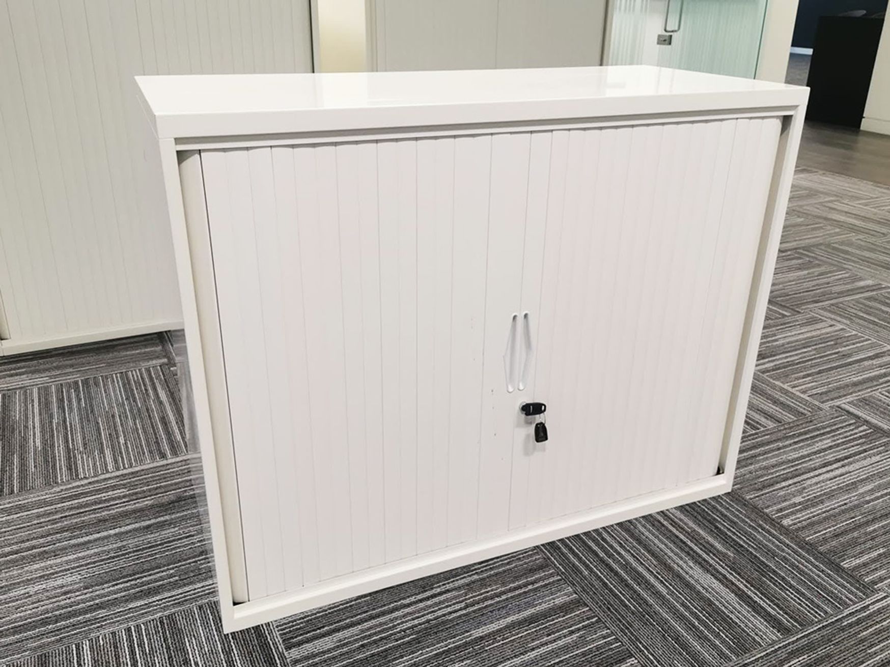 Used Desk Height White Tambour Cupboard