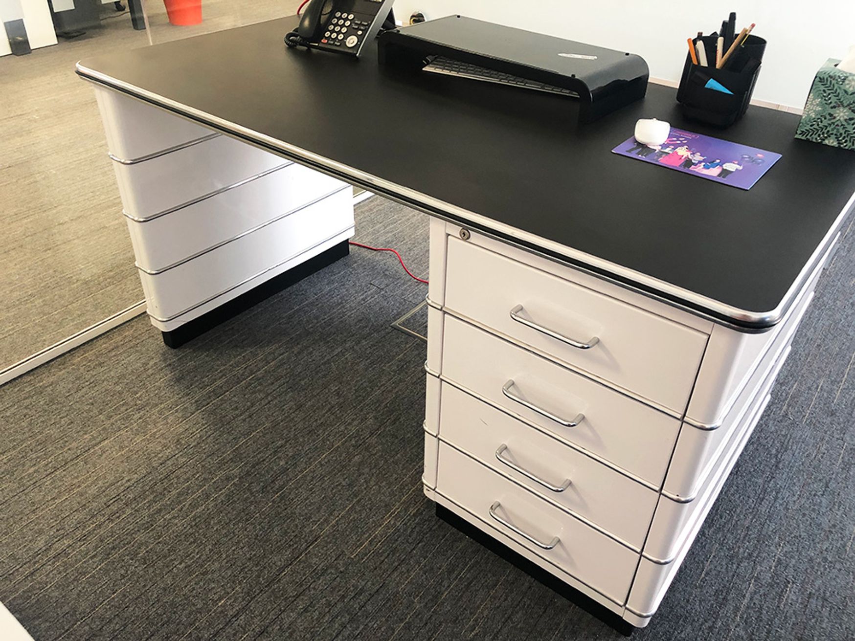Used Muller Chrysler Desks with White Drawers and Black Tops