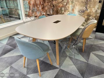 Used oval tables with grey tops and exposed ply edge.