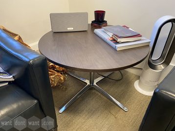 Used Bene side tables with walnut tops and chrome column base.