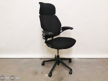 Used Humanscale Freedom Chair with Headrest - Re-upholstered in New Black Fabric