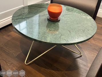 Used Danish 'O' table from Oxdenmarq with Green indio marble top.